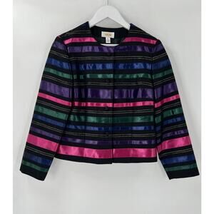 Talbots Vintage Jacket Womens 10 Black Satin Striped Colorful Button Front Retro